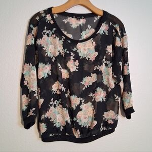 Iris Black Sheer Floral Long Sleeve Blouse Juniors Large